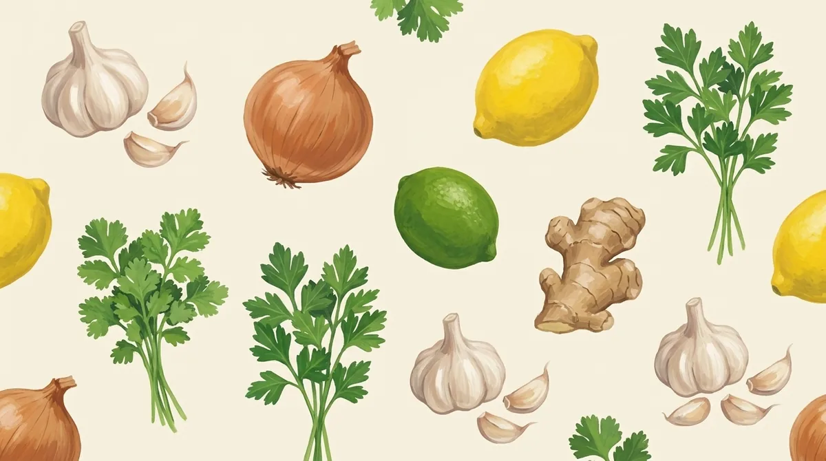 Garlic, onion, lemon, lime, ginger and fresh herbs