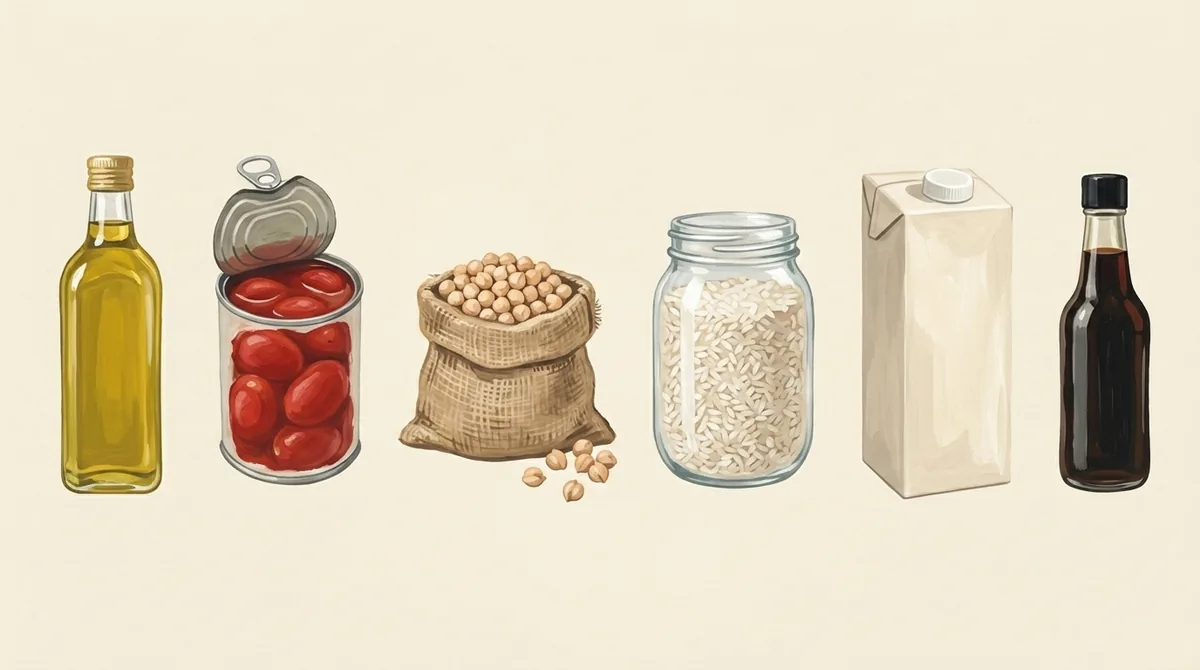 Olive oil, canned tomatoes, chickpeas, rice and soy sauce