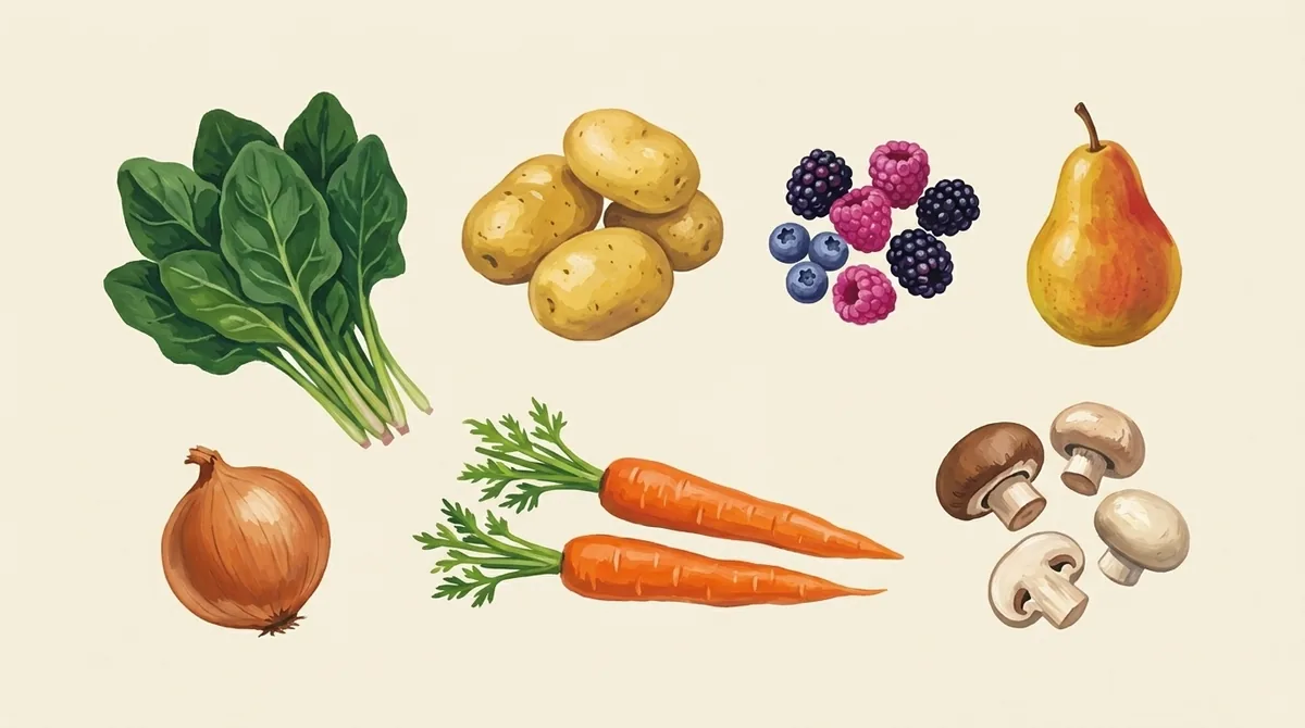 Spinach, potatoes, mixed berries, a pear, onion, carrots and mushrooms