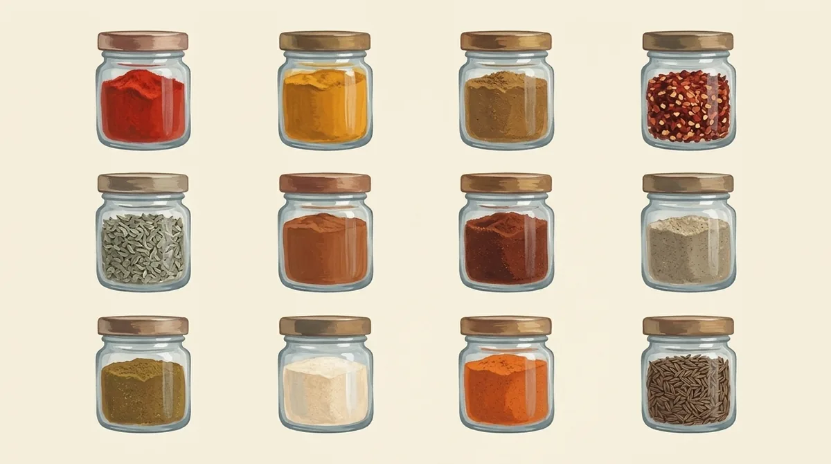 Twelve glass jars of ground spices