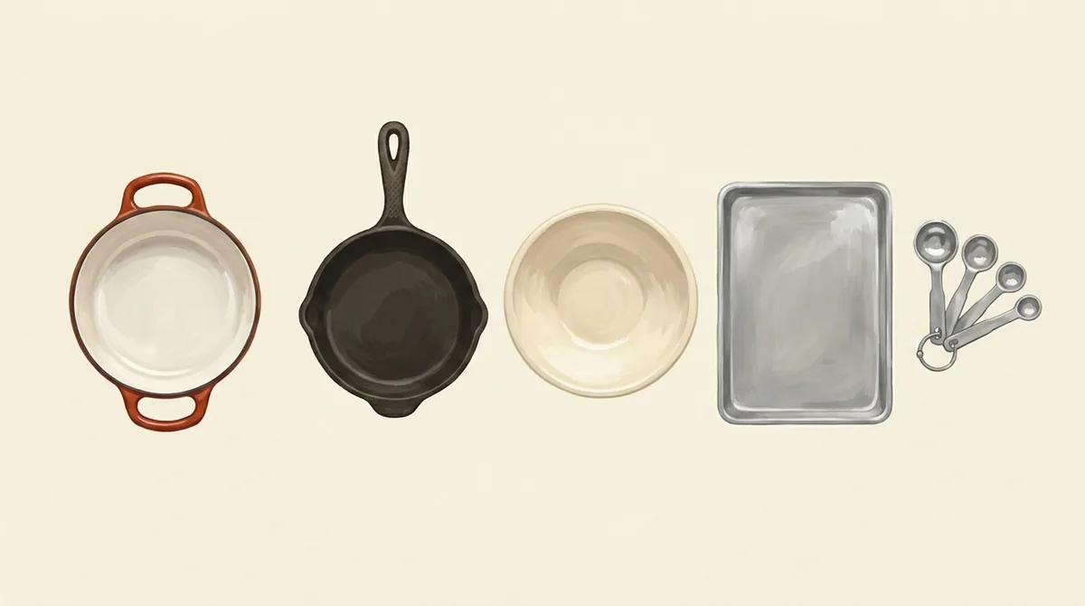 A pot, skillet, mixing bowl, baking tray and measuring spoons